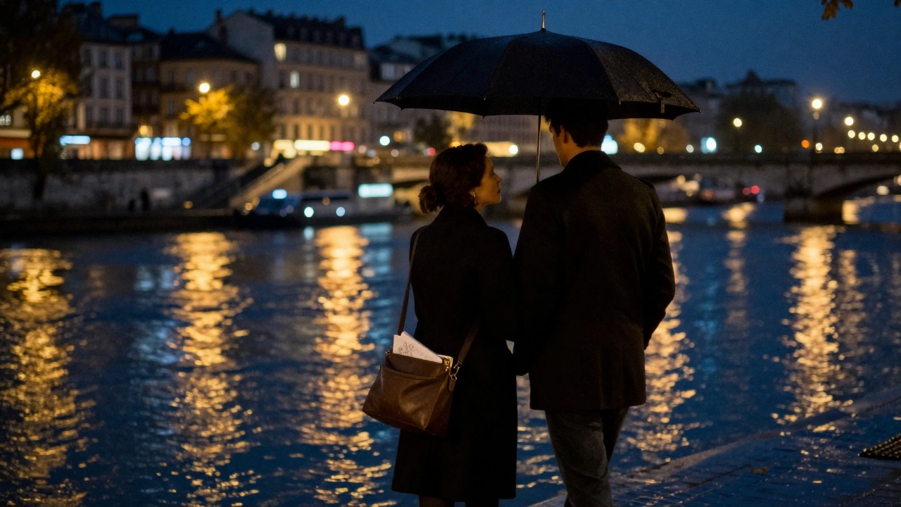A couple walking under an umbrella along the Seine at night, city lights reflecting on the water.