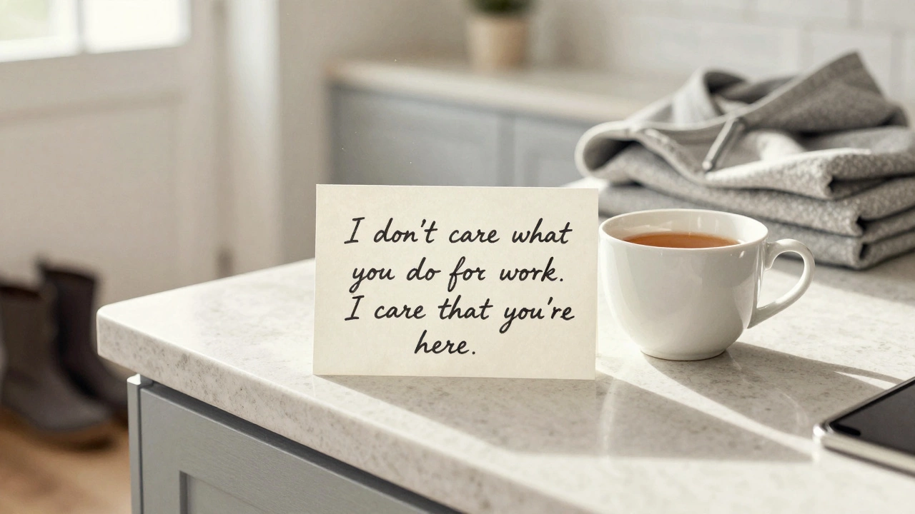 A handwritten note on a kitchen counter beside a teacup, expressing unconditional acceptance.