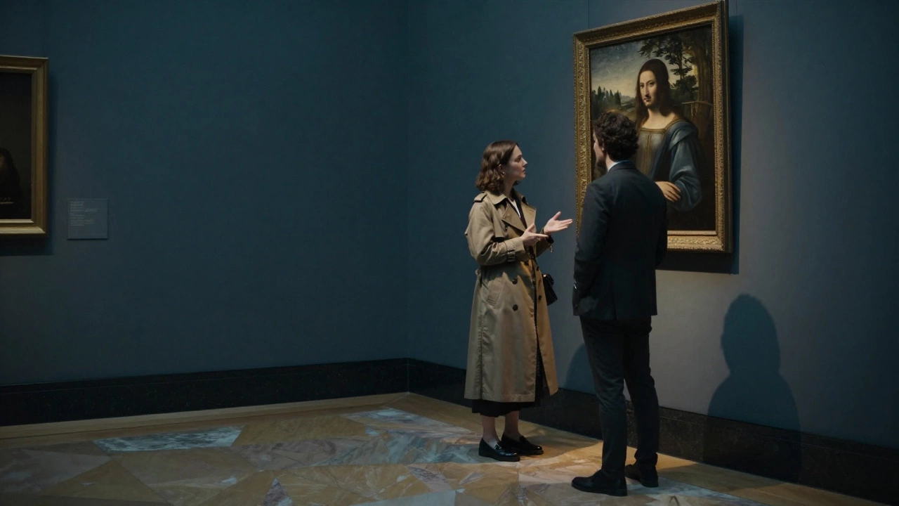 A woman explaining art to a man in the quiet, empty halls of the Louvre after hours.